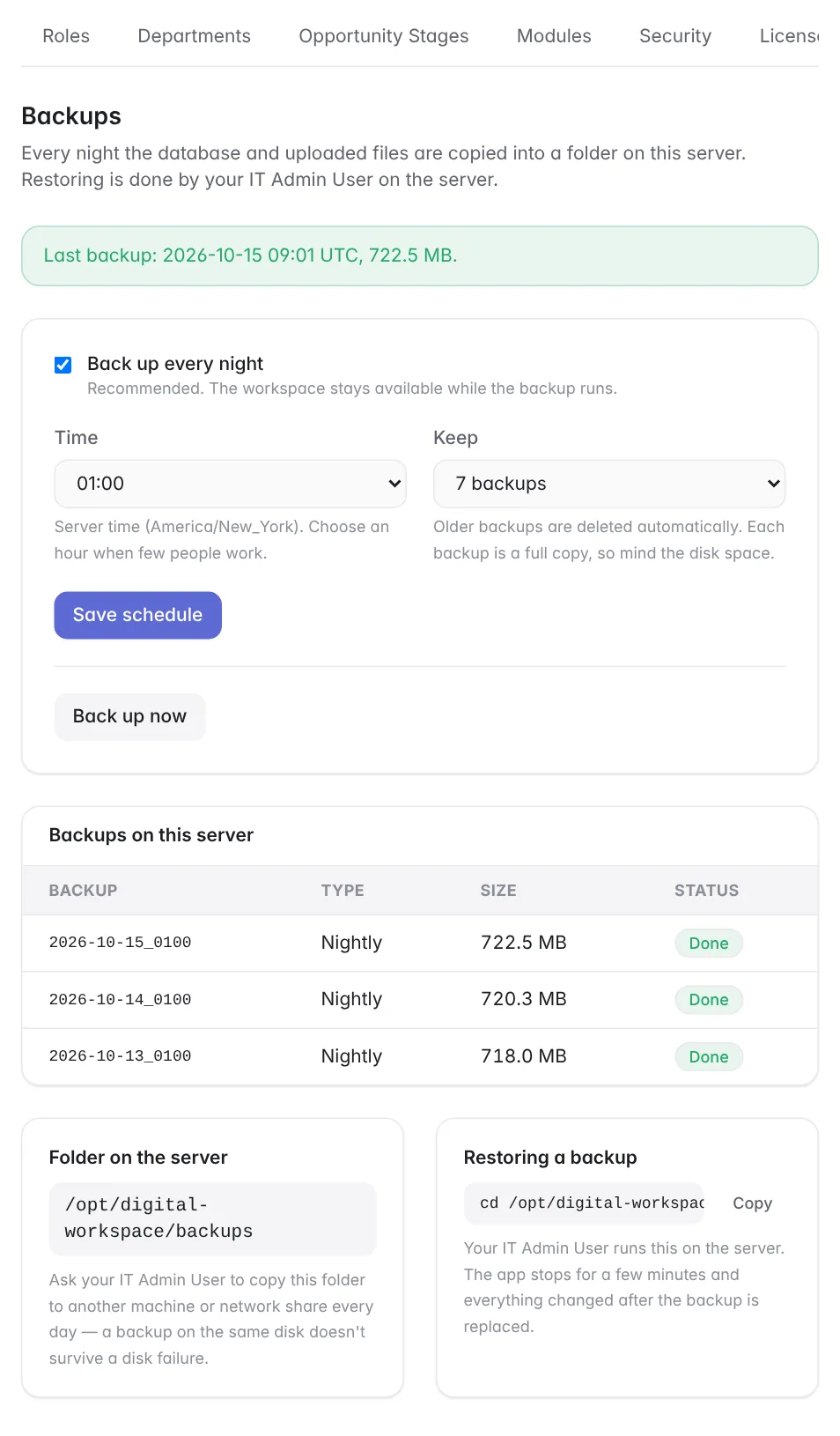 Workspace settings › Backups