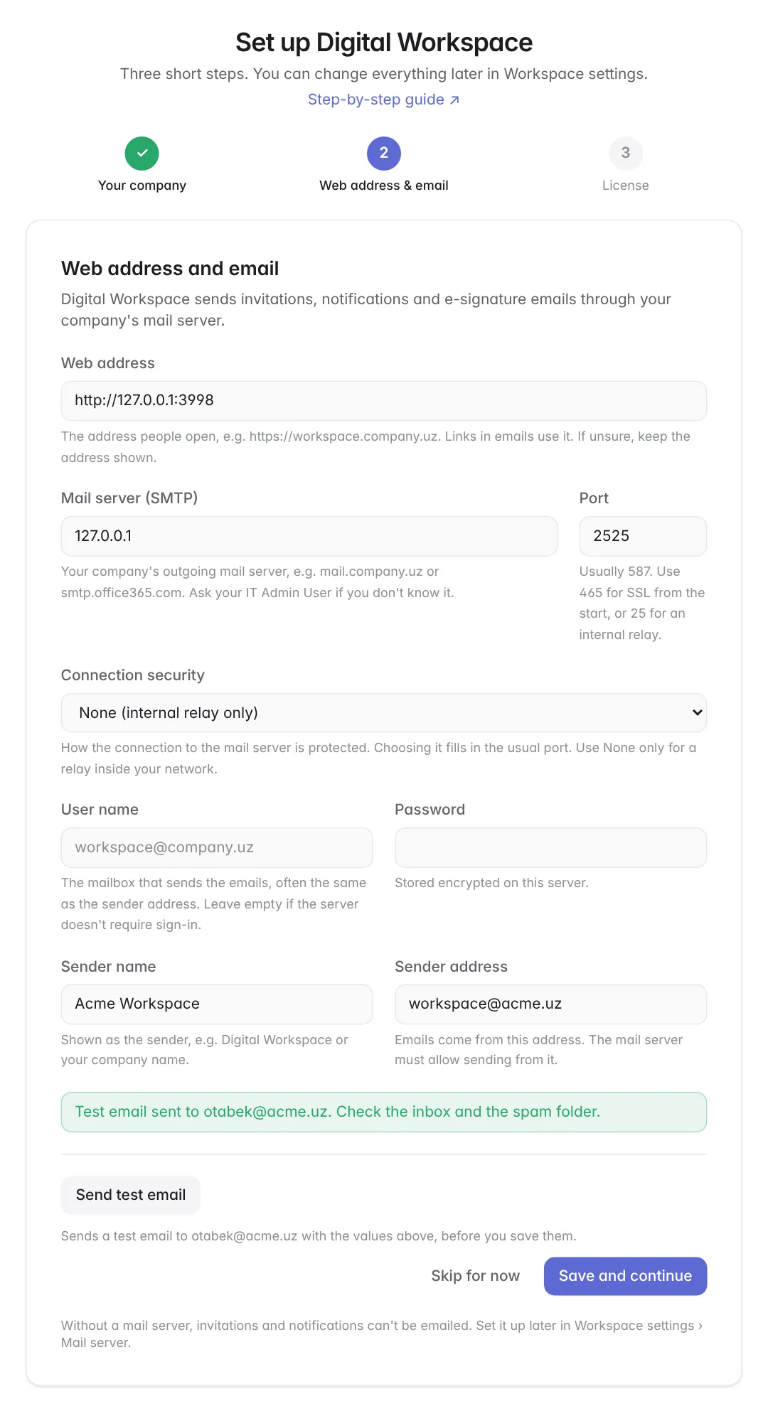 Step 2 — mail server with a successful test email